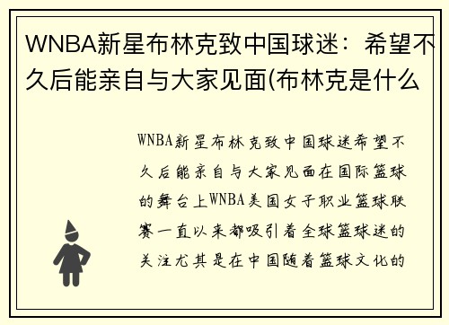 WNBA新星布林克致中国球迷：希望不久后能亲自与大家见面(布林克是什么意思)