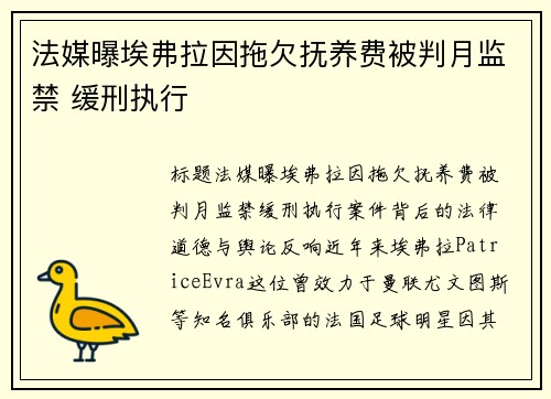 法媒曝埃弗拉因拖欠抚养费被判月监禁 缓刑执行